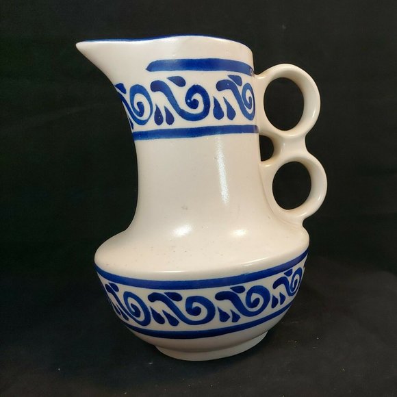 Rare Salt Glaze Stoneware 8" tall Pitcher w/ Double Ring Handles Cobalt Blue des - Picture 2 of 6
